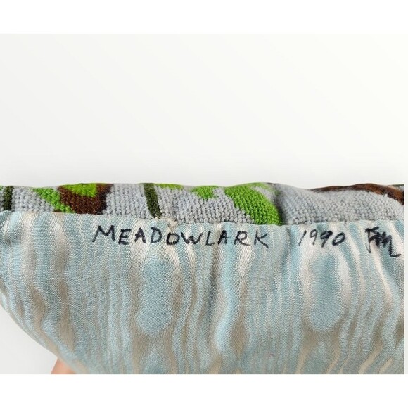 Vintage Needlepoint Bird In Tree Decor Throw Pillow 11"x11"  Signed 1990 - Picture 12 of 12